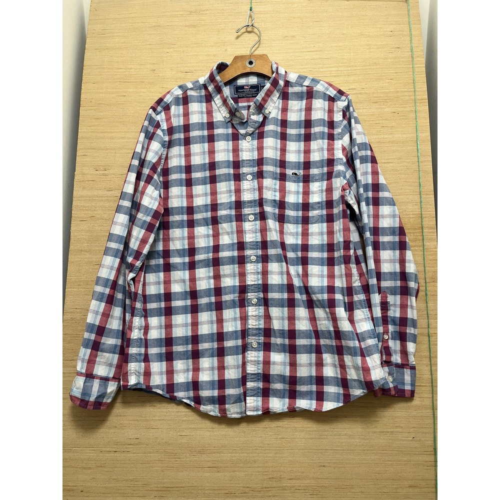 Vineyard Vines Shirt Mens Large Red Blue White Plaid Slim Fit Tucker Cotton